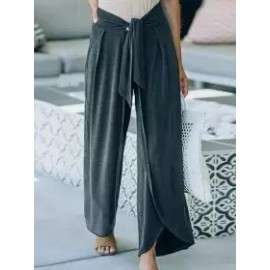 Solid Color Mid-Waist Tie-Split Wide-Leg Trousers