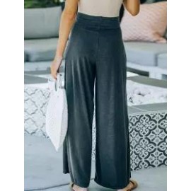 Solid Color Mid-Waist Tie-Split Wide-Leg Trousers