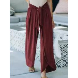 Solid Color Mid-Waist Tie-Split Wide-Leg Trousers