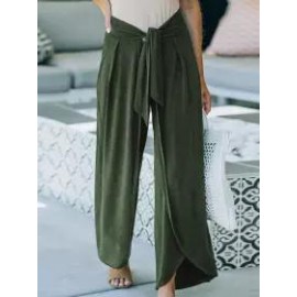 Solid Color Mid-Waist Tie-Split Wide-Leg Trousers