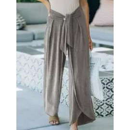 Solid Color Mid-Waist Tie-Split Wide-Leg Trousers