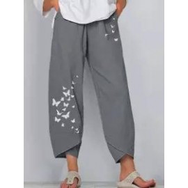 Casual Cotton And Linen Butterfly Print Wide-Leg Pants
