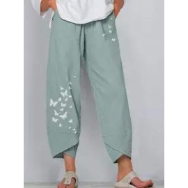 Casual Cotton And Linen Butterfly Print Wide-Leg Pants