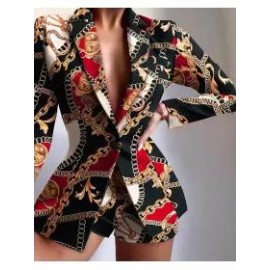 Ladies Fashion Chain Printed Color Block Suit