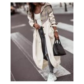 Women's Khaki Striped Plaid Contrast Long Trench Coat
