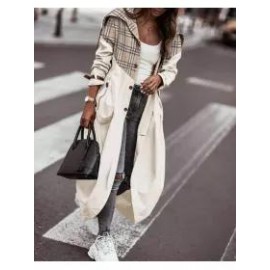 Women's Khaki Striped Plaid Contrast Long Trench Coat