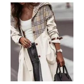 Women's Khaki Striped Plaid Contrast Long Trench Coat