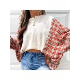 Women Fashion Plaid Patchwork Crew Sweatshirt
