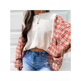 Women Fashion Plaid Patchwork Crew Sweatshirt