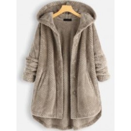 Winter Solid Color Hooded Single-breasted Plush Jacket In The Long Section Loose