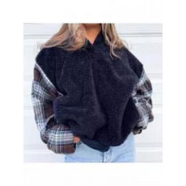 Women Plaid Patchwork Polar Fleece V-neck Sweatshirt