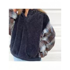 Women Plaid Patchwork Polar Fleece V-neck Sweatshirt