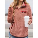 Polo Collar Casual Loose Check Printed Velvet Panel Sweatshirt