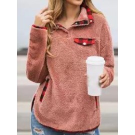 Polo Collar Casual Loose Check Printed Velvet Panel Sweatshirt