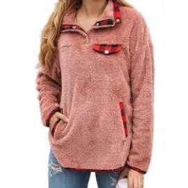 Polo Collar Casual Loose Check Printed Velvet Panel Sweatshirt