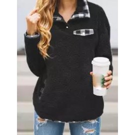 Polo Collar Casual Loose Check Printed Velvet Panel Sweatshirt