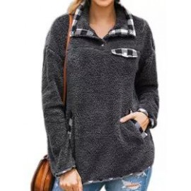 Polo Collar Casual Loose Check Printed Velvet Panel Sweatshirt