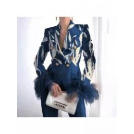 Fashionable Feather Button Design Printed Blazer