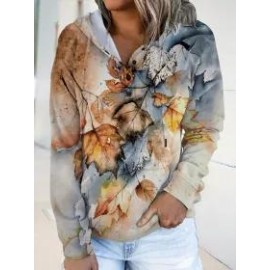 Fallen Leaf Print Casual Long Sleeve Hoodie