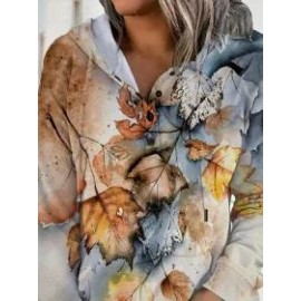 Fallen Leaf Print Casual Long Sleeve Hoodie