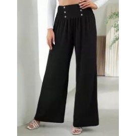 Casual Solid Color Elastic Waist High Waist Wide Leg Pants
