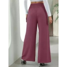 Casual Solid Color Elastic Waist High Waist Wide Leg Pants