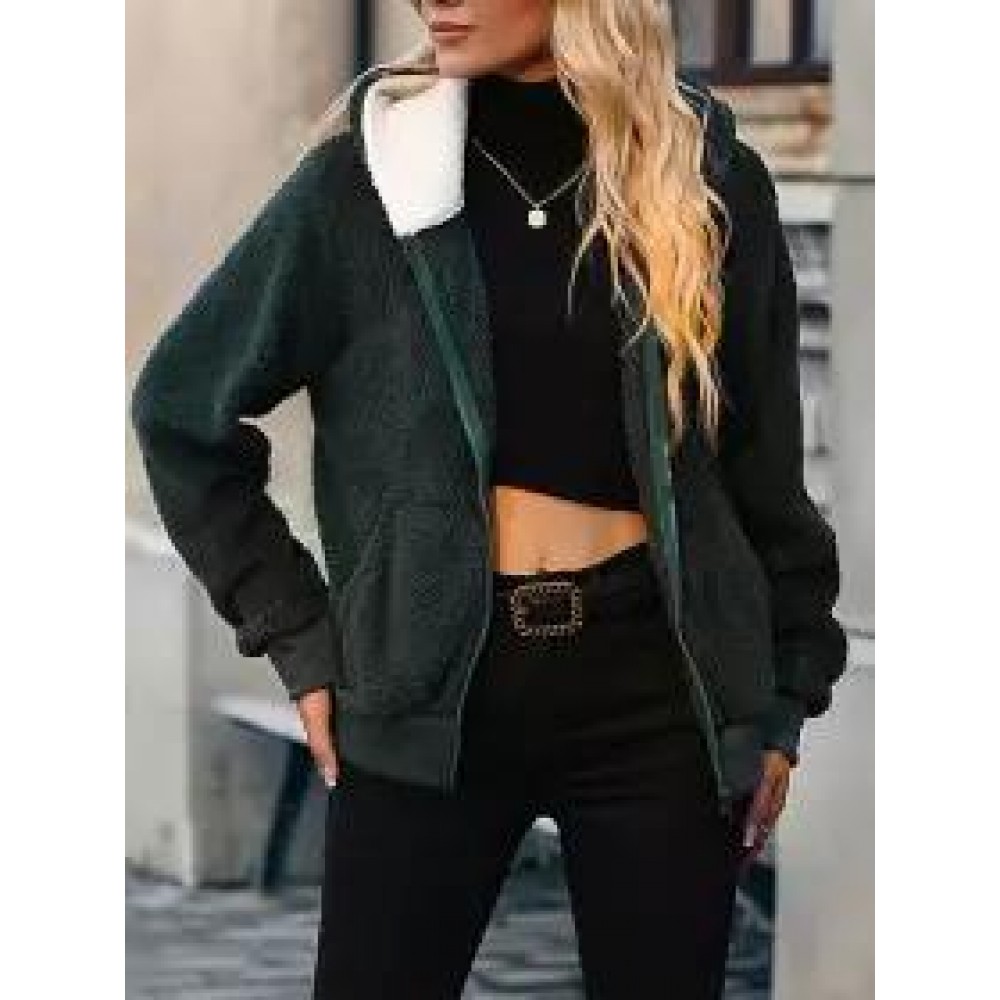 Solid Hooded Long Sleeve Thread Panel Zip Double Sided Fleece Christmas Green Jacket Solid Hooded Long Sleeve Thread Panel Zip Double Sided Fleece Christmas Green Jacket