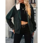 Solid Hooded Long Sleeve Thread Panel Zip Double Sided Fleece Christmas Green Jacket