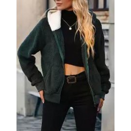Solid Hooded Long Sleeve Thread Panel Zip Double Sided Fleece Christmas Green Jacket