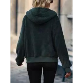 Solid Hooded Long Sleeve Thread Panel Zip Double Sided Fleece Christmas Green Jacket