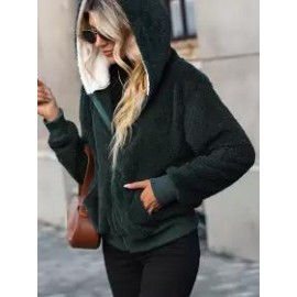 Solid Hooded Long Sleeve Thread Panel Zip Double Sided Fleece Christmas Green Jacket