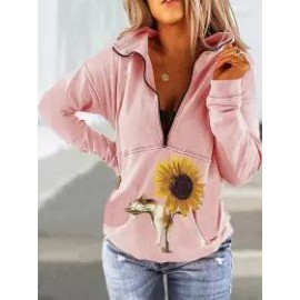 Long Sleeve Casual Floral Cotton-Blend Sweatshirts