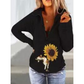 Long Sleeve Casual Floral Cotton-Blend Sweatshirts