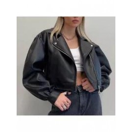 Zip Up Black Motorcycle Cropped Jacket