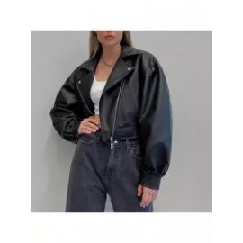 Zip Up Black Motorcycle Cropped Jacket