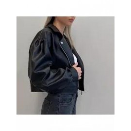 Zip Up Black Motorcycle Cropped Jacket