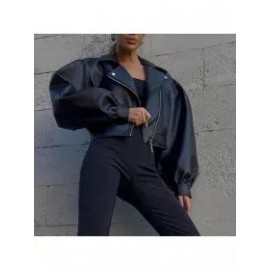 Zip Up Black Motorcycle Cropped Jacket