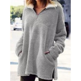 Casual Loose Solid Color Warm Plush Zip Lapel Sweatshirt