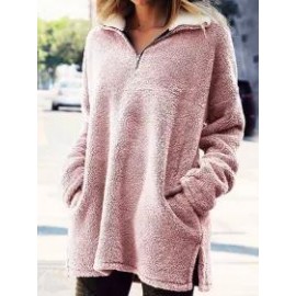 Casual Loose Solid Color Warm Plush Zip Lapel Sweatshirt