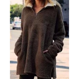 Casual Loose Solid Color Warm Plush Zip Lapel Sweatshirt