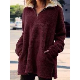 Casual Loose Solid Color Warm Plush Zip Lapel Sweatshirt