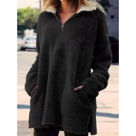 Casual Loose Solid Color Warm Plush Zip Lapel Sweatshirt