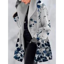 Leaf Print Double Pocket Casual Woolen Coat