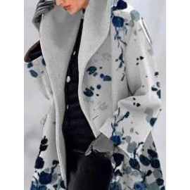 Leaf Print Double Pocket Casual Woolen Coat