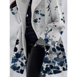 Leaf Print Double Pocket Casual Woolen Coat