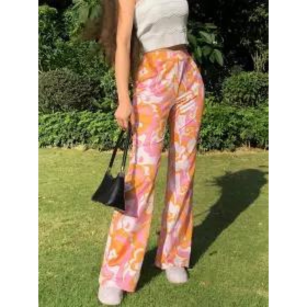 Floral Print Contrast Micro-Flare Pants