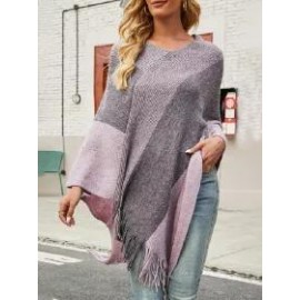 Clashing Plaid Fringed Knit Cape