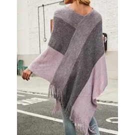 Clashing Plaid Fringed Knit Cape