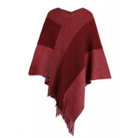 Clashing Plaid Fringed Knit Cape