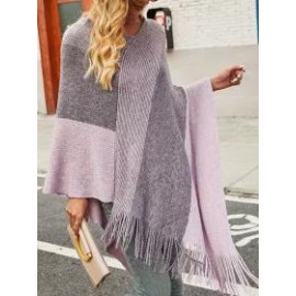 Clashing Plaid Fringed Knit Cape